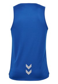 Blaues athletisches ärmelloses Shirt aus glattem Stoff. Enthält ein silbernes Chevron-Muster im unteren Rückenbereich. Leichtes Design mit ergonomischem Schnitt.