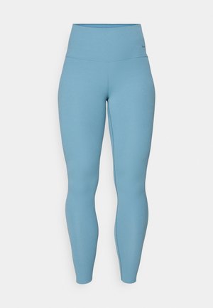 Colanți de culoare albastru deschis, cu talie înaltă, fabricați dintr-un material elastic, au o textură netedă și un design aderent, fiind ideali pentru haine de activitate.