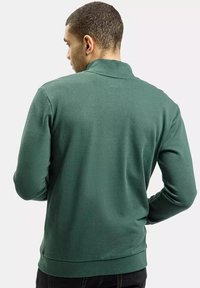 Zielony, długi rękaw sweter o gładkiej fakturze, z kołnierzem i ściągaczami, widziany z tyłu.