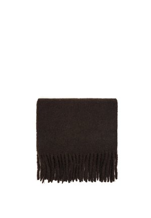 Écharpe en laine brun foncé pliée avec des bords à franges en bas, présentée sur un fond blanc.