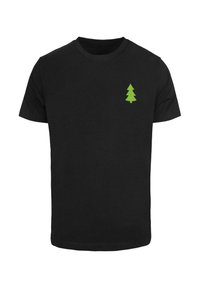 Black cotton t-shirt featuring a small green tree graphic on the left chest area. Classic crew neck design with short sleeves.