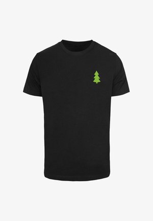 Černé bavlněné tričko s malou zelenou grafikou stromu na levé části hrudi. Klasický design s kulatým výstřihem a krátkými rukávy.
