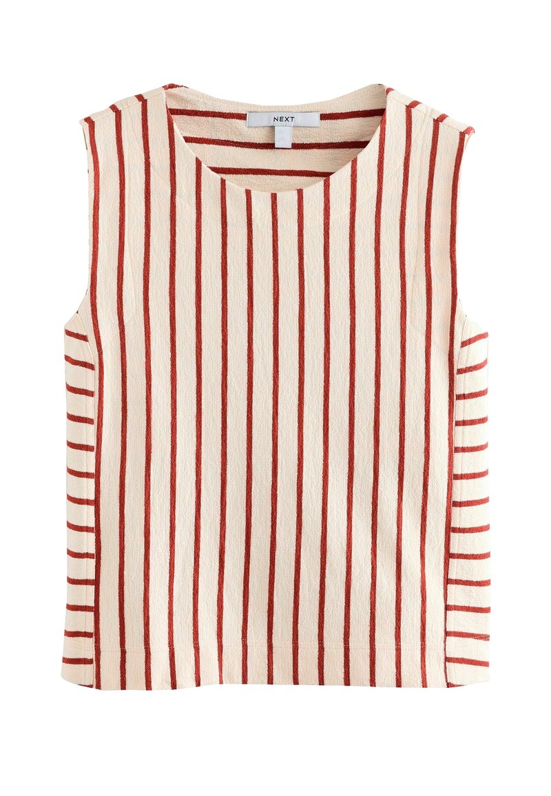 Haut sans manches crème avec des rayures verticales rouge rouille sur le devant et des rayures horizontales sur les côtés, encolure ronde, tissu texturé.