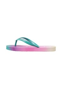 Flip-flop s tealovým pásikom, gradientnou ružovo-bielou podrážkou, plochým dizajnom a textúrovanou stielkou. Jednoduchý, ľahký a neformálny štýl.