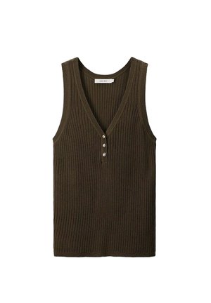 Brown rib-knit sleeveless vest with V-neck and three buttons down the front center.