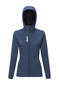Veste softshell bleu marine avec capuche, fermeture éclair avant, deux poches latérales et un logo sur la poitrine. Présente une finition lisse et texturée.