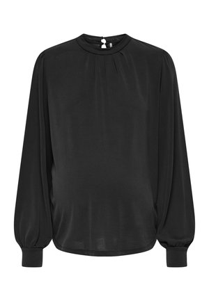 Black long-sleeve blouse with a high neckline, pleated front, and elastic cuffs, featuring a keyhole closure at the back. Smooth fabric.