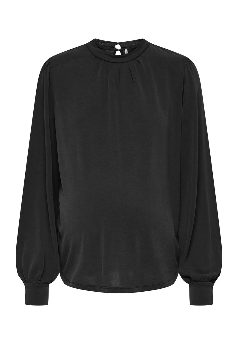 Black long-sleeve blouse with a high neckline, pleated front, and elastic cuffs, featuring a keyhole closure at the back. Smooth fabric.