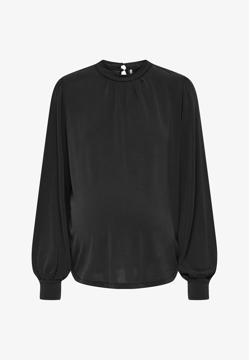 Blusa preta de mangas compridas com decote alto, frente plissada e punhos elásticos, apresentando um fecho em forma de lágrima nas costas. Tecido suave.