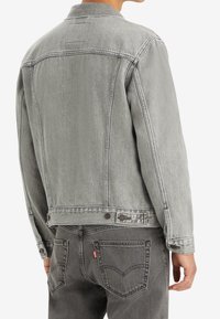 Graue Jeansjacke im klassischen Design mit einem umgeschlagenen Kragen, einer Rückenpasse und einem Knopfverschluss an der Taille.