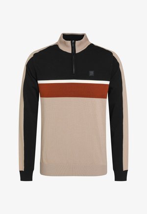 Rolákový svetr s vysokým límcem. Má barevné bloky v černé, béžové a rezavé barvě, přední zip, žebrované manžety a tkanou texturu.