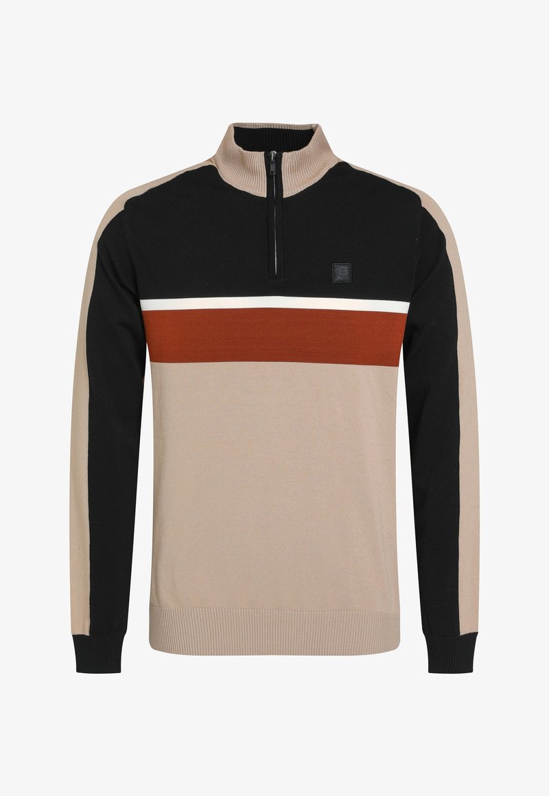 Pull-over à col haut. Présente des blocs de couleurs noir, beige et rouille, une fermeture éclair sur le devant, des poignets côtelés et une texture tissée.