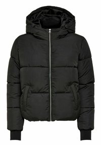 Veste doudoune noire avec capuche, fermeture éclair à l'avant et poignets côtelés. Présente un design matelassé pour l'isolation et dispose de deux poches latérales.