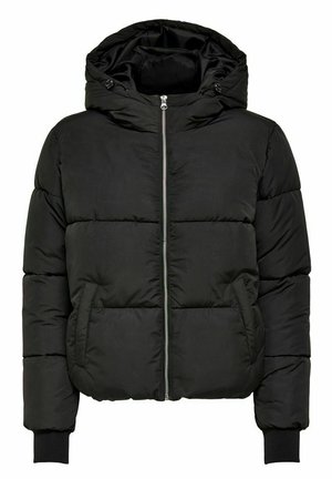 Black puffer jacket with a hood, zip front, and ribbed cuffs. Features a quilted design for insulation and has two side pockets.