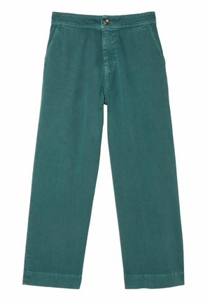 Teal cotton wide-leg pants with a button closure and two front pockets, featuring a smooth texture and hemmed edges.