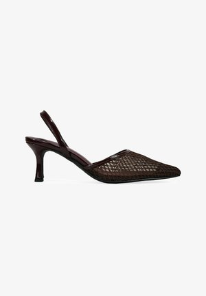 Brown slingback heels with a pointed toe, made of mesh material in a diamond pattern, small heel, and glossy accents.