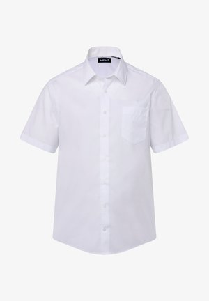 Weißes Kurzarm-Hemd mit Knopfleiste, spitzem Kragen, einer Brusttasche und einer glatten, einfarbigen Stoffoberfläche.