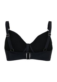 Reggiseno nero con spalline regolabili, tessuto liscio, coppe modellate e chiusura con gancetto sul retro. Presenta dettagli in metallo.