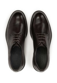 Zapatos de vestir de cuero marrón oscuro con un acabado suave, punta redonda y diseño de cordones. Presentan costuras sutiles y una plantilla acolchada.