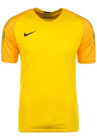 Nike Kurzarmtrikot, leuchtend gelber Stoff mit orangen Akzenten an den Schultern. Glatte Textur, V-Ausschnitt-Design und dezentes schwarzes Logo.