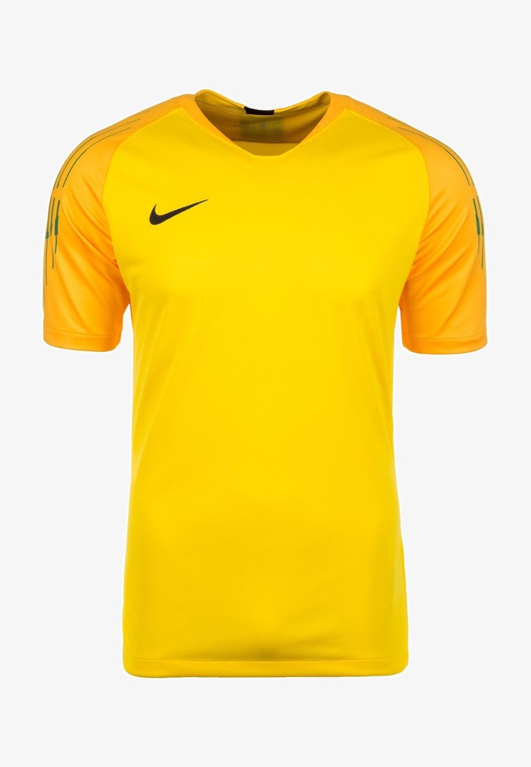 Nike Kurzarmtrikot, leuchtend gelber Stoff mit orangen Akzenten an den Schultern. Glatte Textur, V-Ausschnitt-Design und dezentes schwarzes Logo.