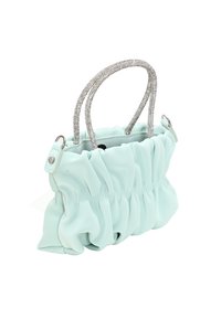 Helle blaue, geraffte Handtasche aus weichem Material, mit zwei mit Kristallen verzierten Griffen und einer abgerundeten, breiten Form.