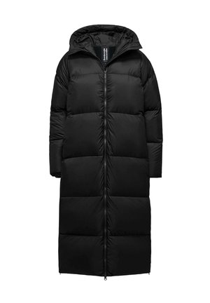 Black puffer coat with a full zip, long silhouette, oversized hood, and horizontal quilted sections for insulation. Smooth, shiny exterior.