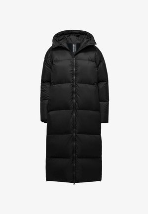 Black puffer coat with a full zip, long silhouette, oversized hood, and horizontal quilted sections for insulation. Smooth, shiny exterior.
