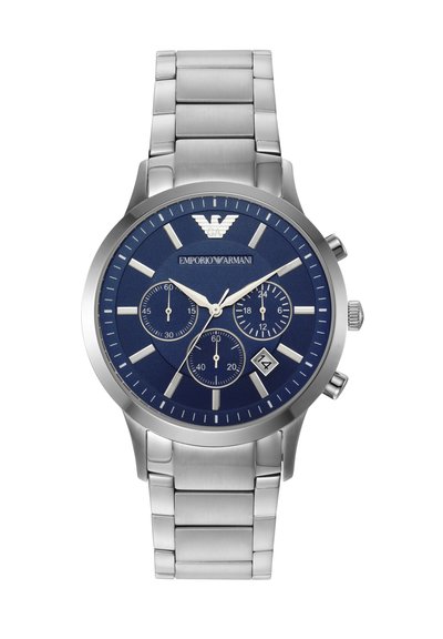 Orologio da polso Emporio Armani in acciaio inox argento con quadrante blu, tre contatori, finestra della data e indici e lancette argento.