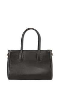 Sac à main en cuir noir texturé avec deux poignées arrondies et des garnitures dorées sur les côtés, de forme rectangulaire sur un fond blanc.