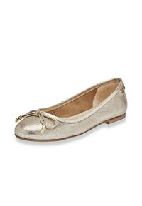 Ballet flat metallico dorato con punta rotonda, superficie texturizzata e un fiocco decorativo sul davanti. Tacco basso e rivestimento interno liscio.