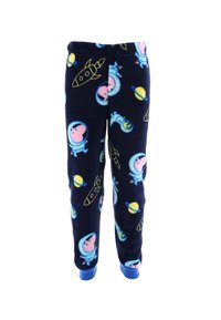 Navy fleece pajama pants with playful patterns of astronauts, rockets, and planets in pink, blue, and yellow. Soft, elastic waistband.