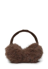 Cuffie in finta pelliccia marrone con una texture morbida, caratterizzate da un design rotondo e una fascia in similpelle per il comfort.