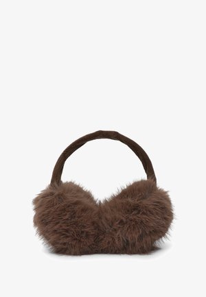 Cuffie in finta pelliccia marrone con una texture morbida, caratterizzate da un design rotondo e una fascia in similpelle per il comfort.