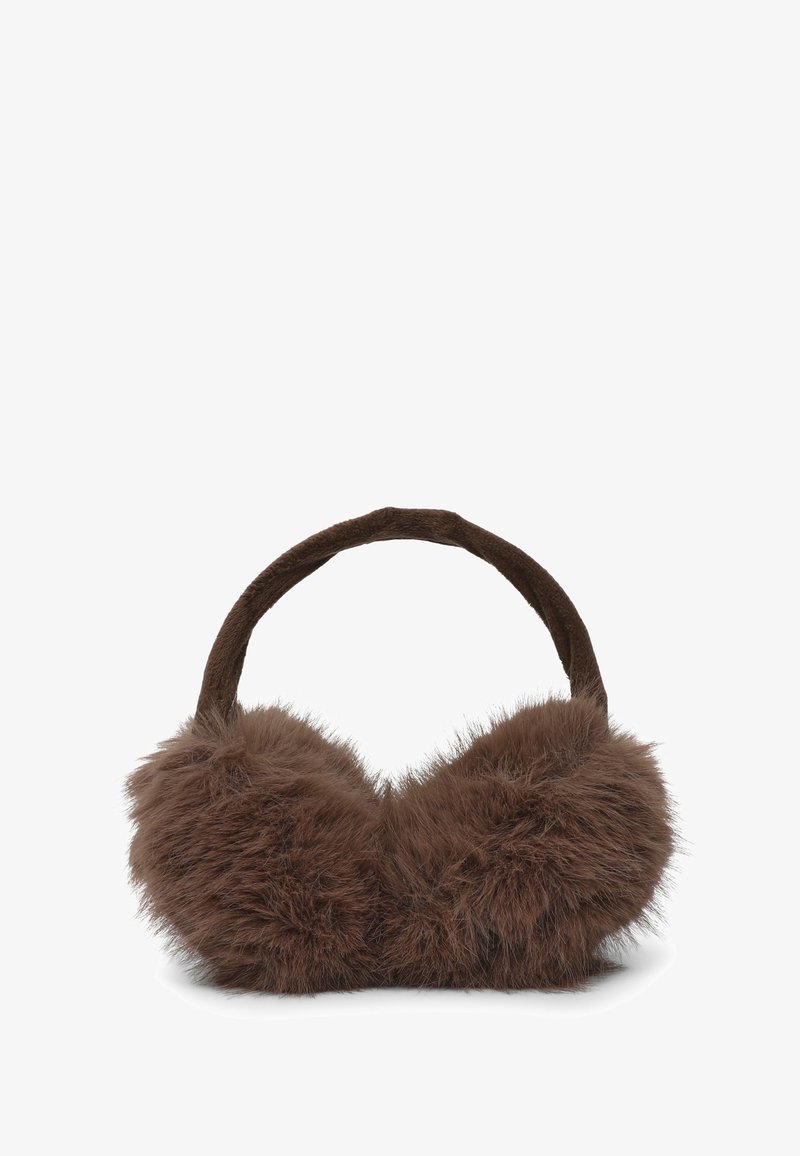 Cuffie in finta pelliccia marrone con una texture morbida, caratterizzate da un design rotondo e una fascia in similpelle per il comfort.