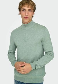 Lichtgroene gebreide trui met een hoge kraag en halve rits. Heeft geribbelde manchetten en zoom. Zachte textuur, casual pasvorm.