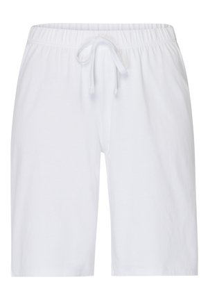 Valkoiset puuvillashortsit, joissa on joustava vyötärö ja säädettävä nauha. Yksinkertainen muotoilu, polven mittaiset, sileä rakenne.