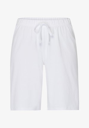 Valkoiset puuvillashortsit, joissa on joustava vyötärö ja säädettävä nauha. Yksinkertainen muotoilu, polven mittaiset, sileä rakenne.