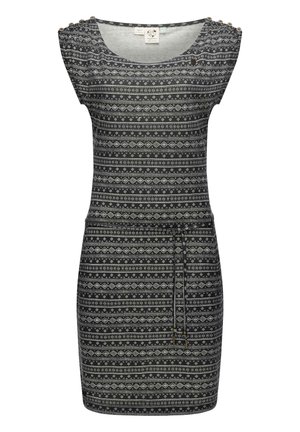 Grå mönstrad klänning med korta ärmar, en rundad halsringning och dekorativa knappar. Har en dragsko i midjan och strukturerade geometriska mönster.