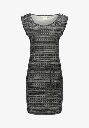 Grijze jurk met patroon, korte mouwen, een ronde halslijn en decoratieve knopen. Beschikt over een strikceintuur en textuur met geometrische ontwerpen.