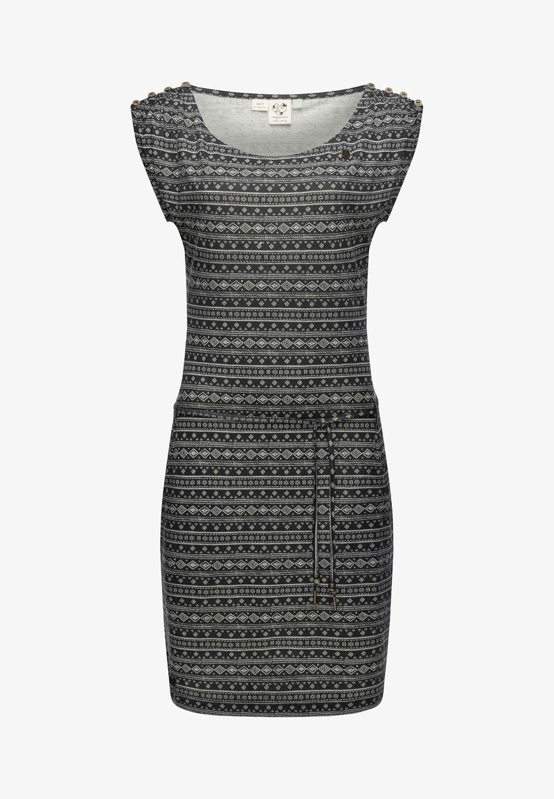 Gray patterned dress with short sleeves, a scoop neckline, and decorative buttons. Features a drawstring waist and textured geometric designs.