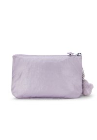Rectangular light purple zippered pouch with a small fluffy pom-pom keychain attached to the zipper pull.