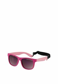 Vaaleanpunaiset aurinkolasit, joissa on mattapinta, neliönmuotoiset linssit ja musta säädettävä hihna. Sisältää tuotemerkin logon ohjaimessa.