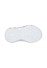 Suela de zapato de goma blanca que presenta patrones texturizados de nubes y corazones, con acentos coloridos de rosa, azul y púrpura en un diseño juguetón.