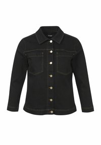 Zwarte denimjas met een klassieke kraag, knoopsluiting en twee voorkzakken; beschikt over contrasterende goudkleurige stiksels en metalen knopen.