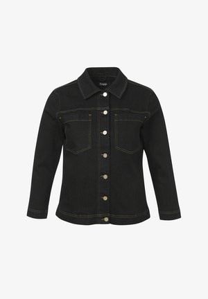 Zwarte denimjas met een klassieke kraag, knoopsluiting en twee voorkzakken; beschikt over contrasterende goudkleurige stiksels en metalen knopen.