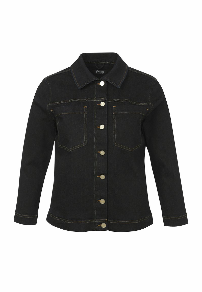 Zwarte denimjas met een klassieke kraag, knoopsluiting en twee voorkzakken; beschikt over contrasterende goudkleurige stiksels en metalen knopen.