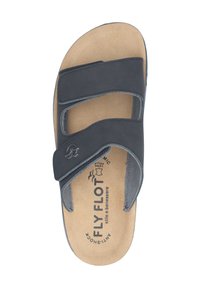 Sort sandal med to justerbare stropper og formet tan fodseng. Har præget logo og anti-chok design for komfort.