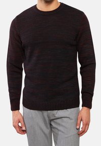 Uomo che indossa un maglione lavorato a maglia scuro color bordeaux e nero, abbinato a pantaloni grigi chiari, in piedi davanti a uno sfondo semplice.