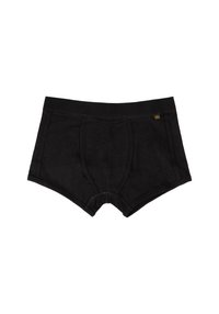 Crne bokserice za muškarce s oblikovanim prednjim šavovima i malim žutim logotipom na desnoj strani pojasa.